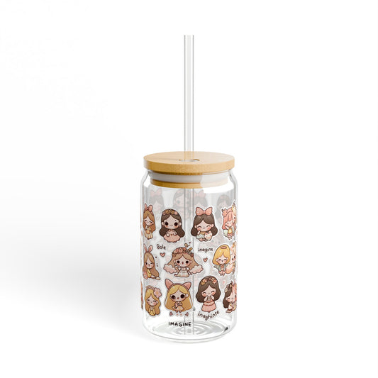 Cute Character Sipper Glass – 16oz, Imaginative Design for Kids & Adults